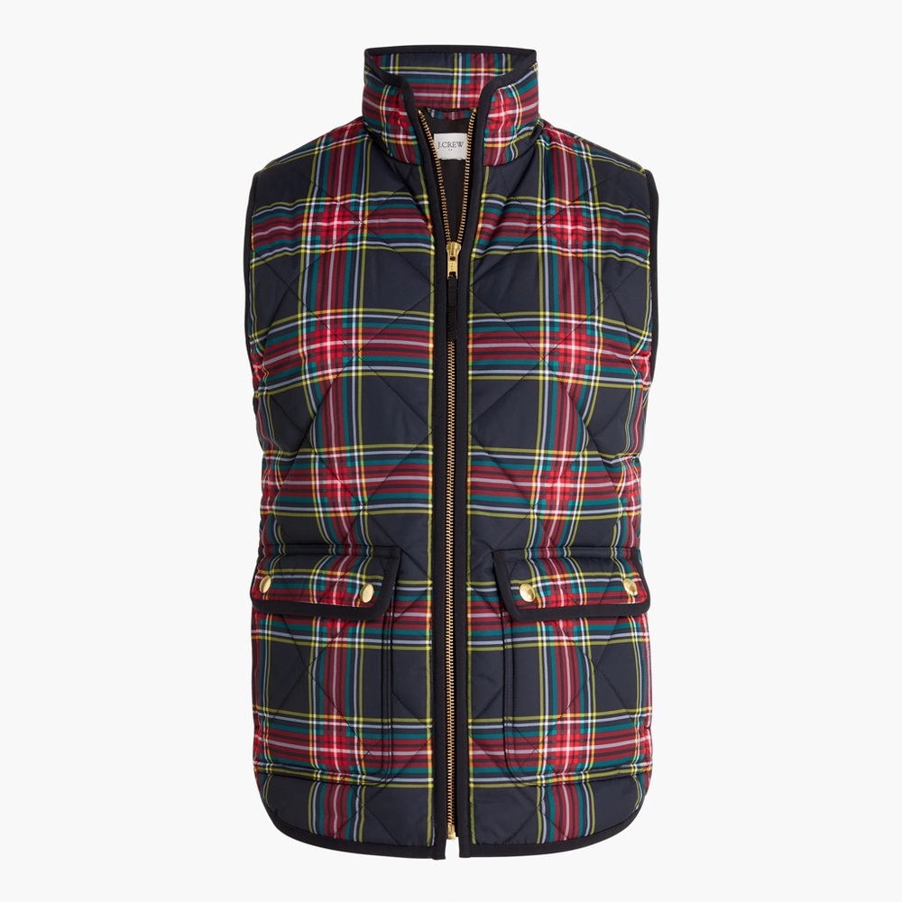 J.Crew Stewart Tartan Quilted Puffer Vest with Snap Pockets